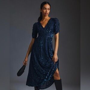 Anthropologie Hutch Puff-Sleeve Velvet Dress Blue Size 6